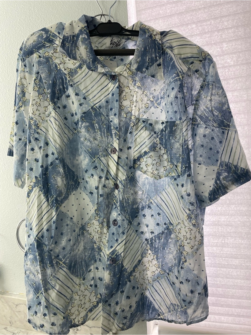 Tropical Blue Patchwork-Print Short Sleeve Button